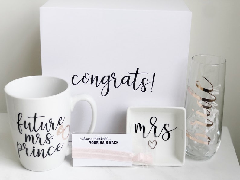 Bride gift box set engagement gift box future mrs gift set bride mug champagne flute ring dish congratulations gift box set for bride to image 2