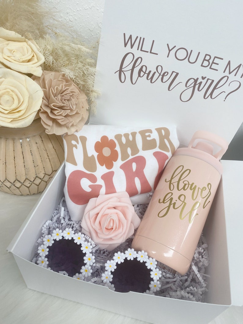 Flower girl proposal gift box will you be my flower girl retro flower girl shirt personalized tumbler cup flower girl daisy sunglasses image 1