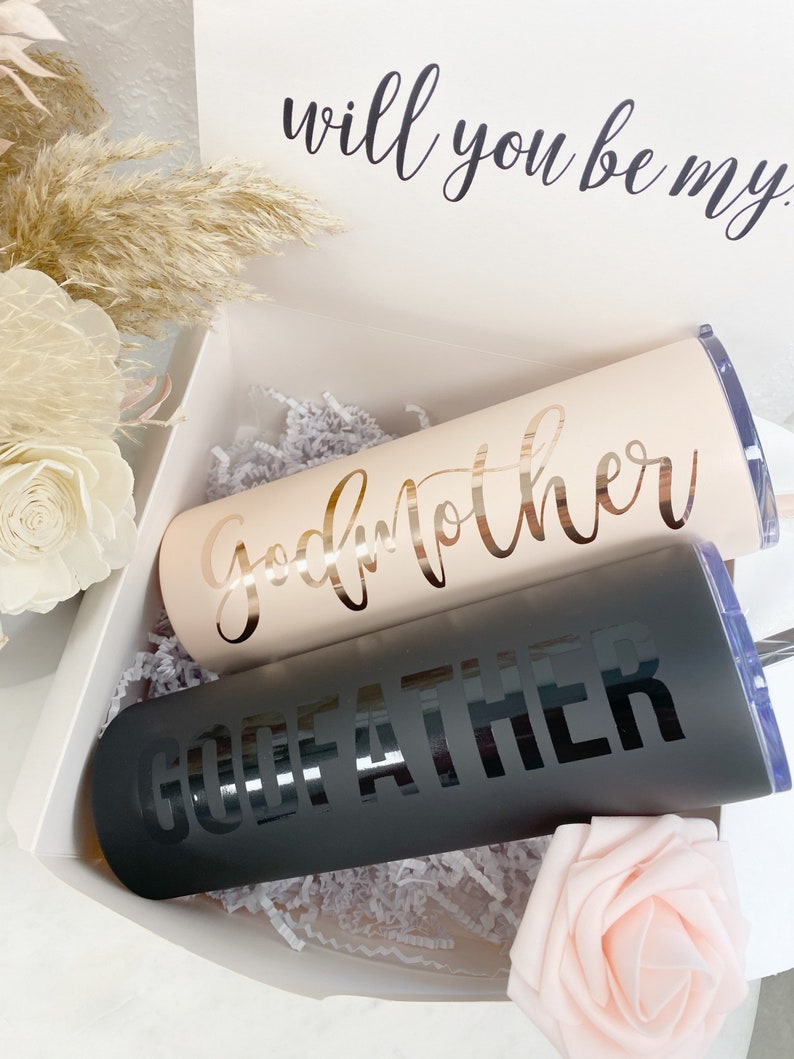 Will you be my godmother gift godparents proposal gift baby announcement idea fairy godmother tumbler aunt gift godfather proposal box image 1