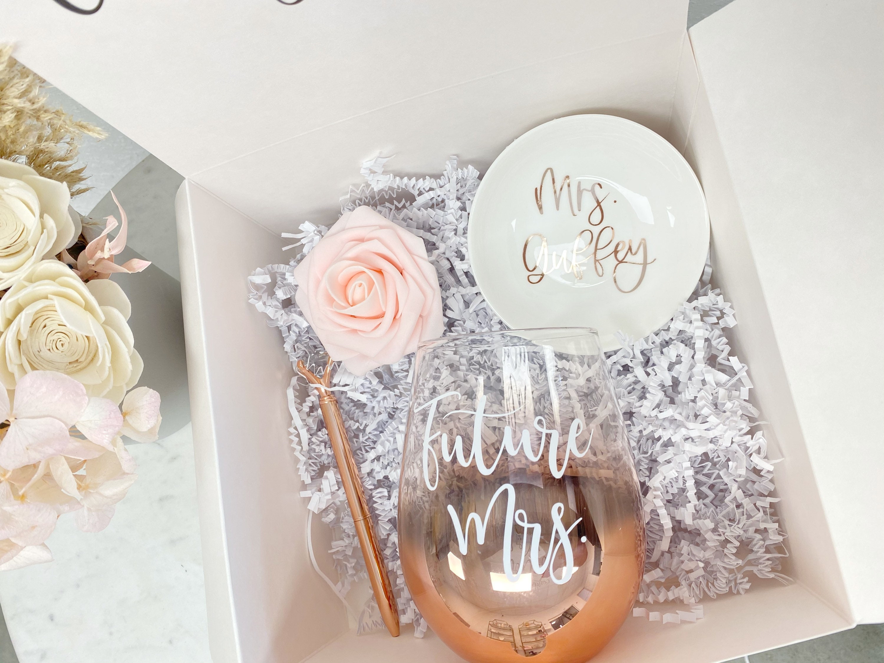 Future Mrs Gift Box Future Bride to Be Gifts Rose Gold Ombre Personalized  Wine Glass for Bridal Shower Gift Box Ring Dish Wedding Notebook 