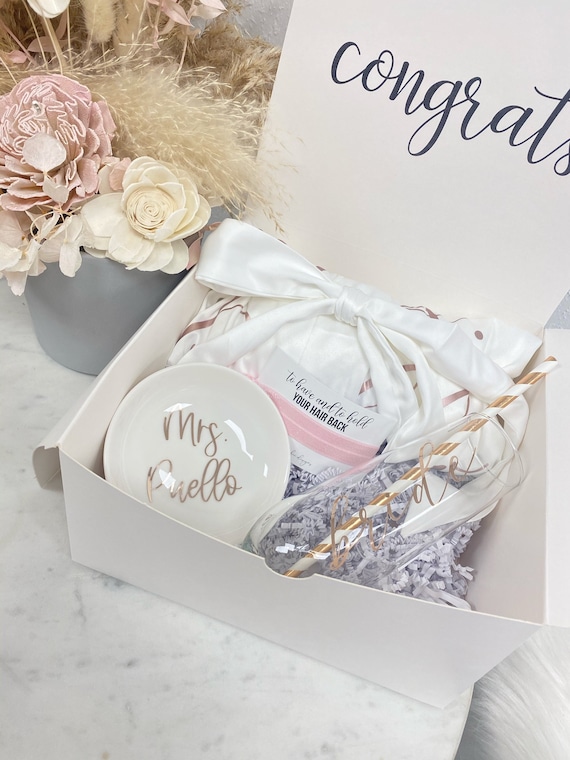 Bride Gift Box Set Engagement Gift Idea Bride White Silk Robe Champagne  Flute Gift for Future Mrs Wedding Day Basket Bridal Just Engaged 