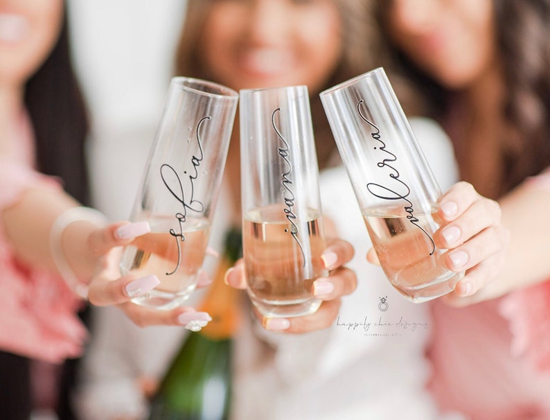 Bridesmaid champagne flutes personalized champagne glasses stemless champagne flutes for bridal party gifts for bridesmaid proposal idea image 1