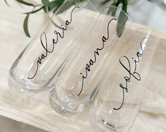 Bridesmaid champagne flutes- personalized champagne glasses- stemless champagne flutes for bridal party- gifts for bridesmaid proposal idea-