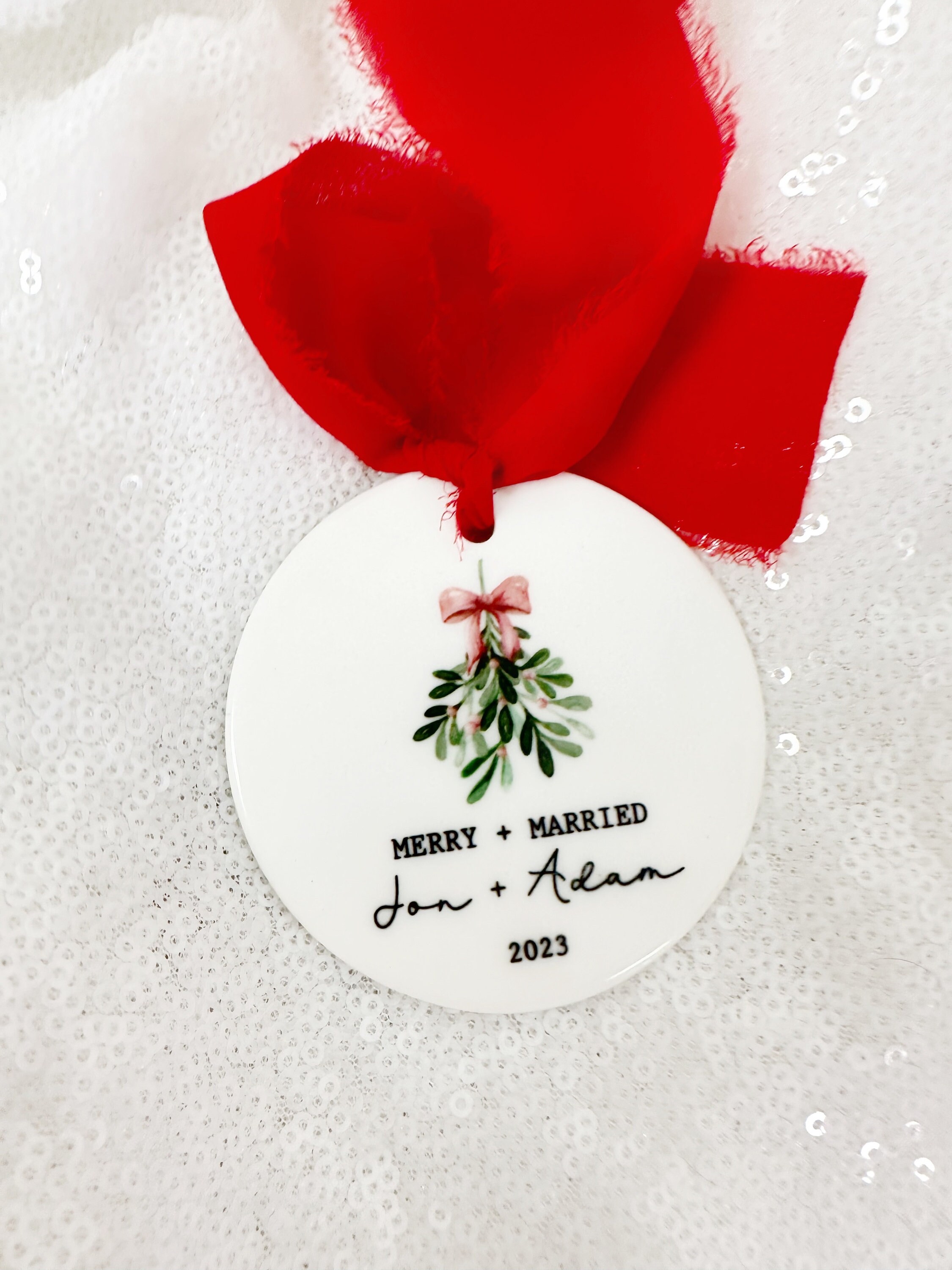 Merry and married ornament mr and mrs first christmas married wedding day just married newlywed christmas gift idea year personalized names