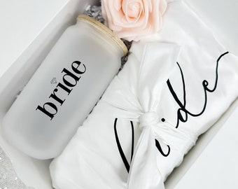 Future mrs bride gift box engagement gift frosted can glass for bride to be satin robe personalized custom bridal shower gift basket idea