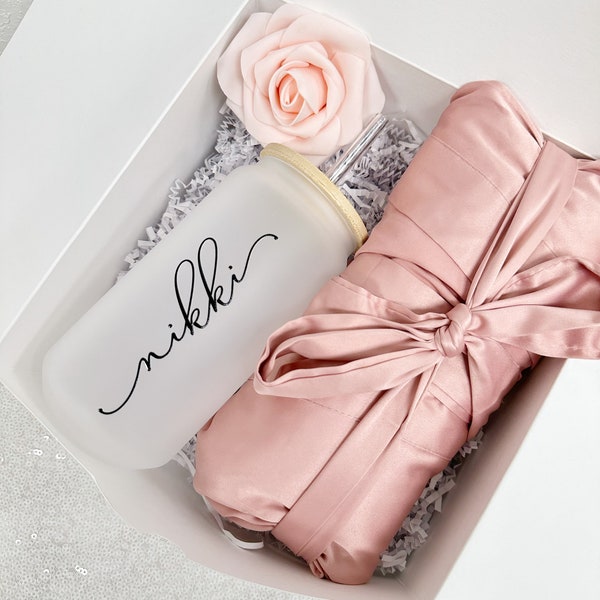 Bridesmaid proposal gift box- personalized bridesmaid frosted can glass- bridesmaid satin lace robe - bridal party robes - maid of honor box