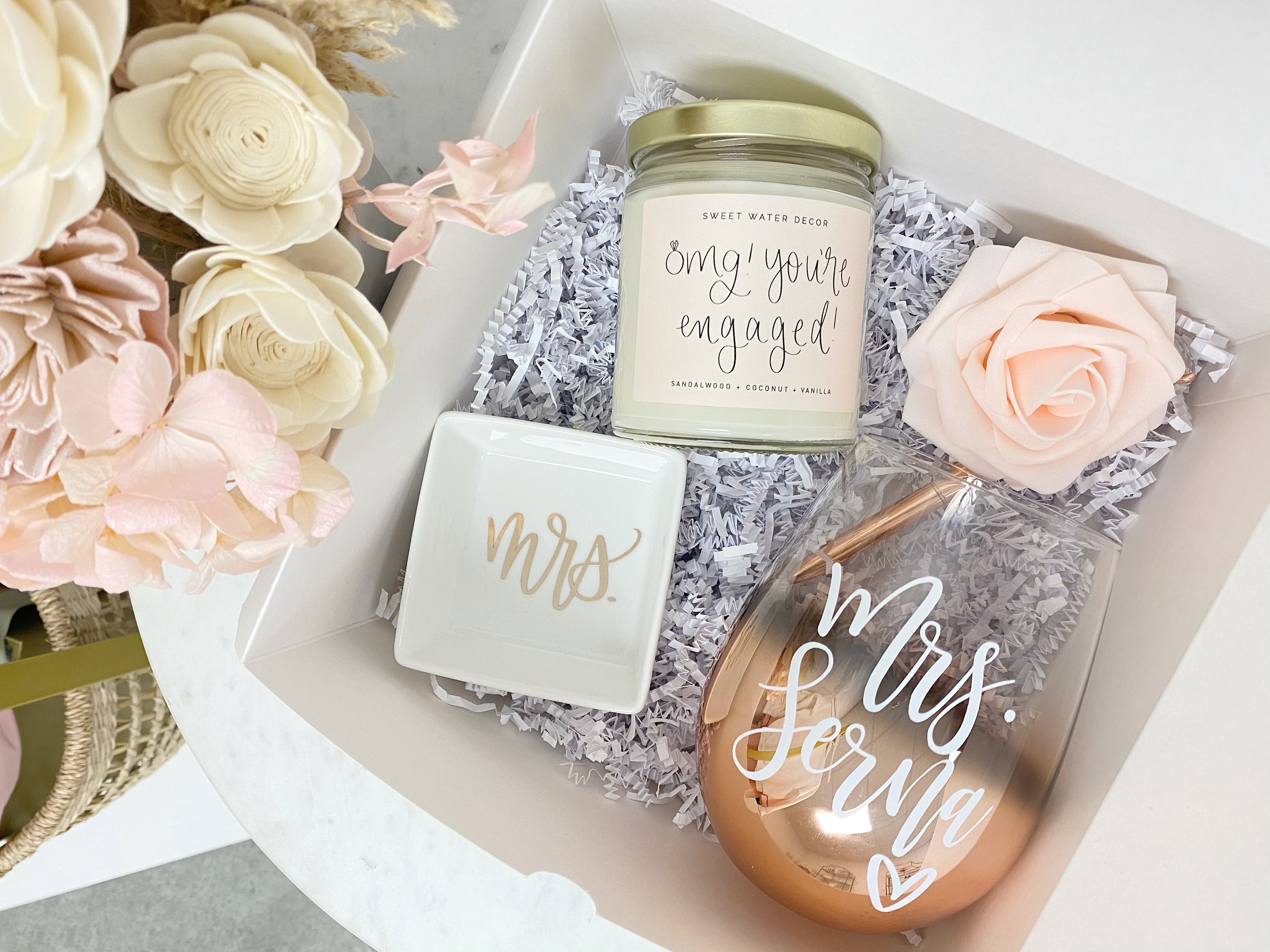 future mrs gift box- future bride to be gifts- rose gold ombre personalized  wine glass for bridal shower gift box ring dish wedding candles