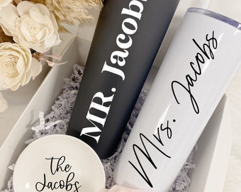 the bride the groom Couples wine tumbler gift set- mr and mrs engagement gift box set- his and hers wifey and hubby wedding day gift idea