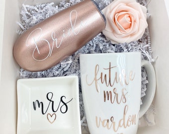 Engagement gift box future Mrs mug champagne flute mr and Mrs bride and groom couples gift box ring dish for bride to be bridal shower gift