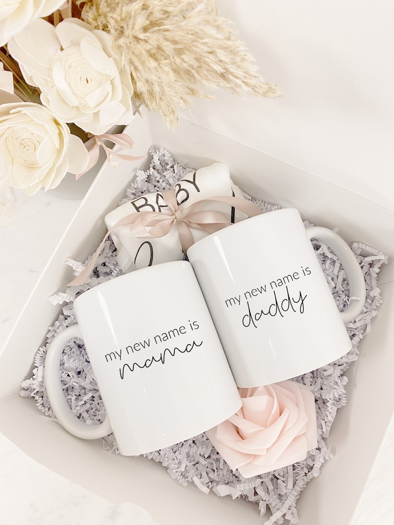 My new name is Mama papa mommy daddy mugs new mom dad parents expecting parents gift box baby announcement gender reveal pregnancy onesi image 1