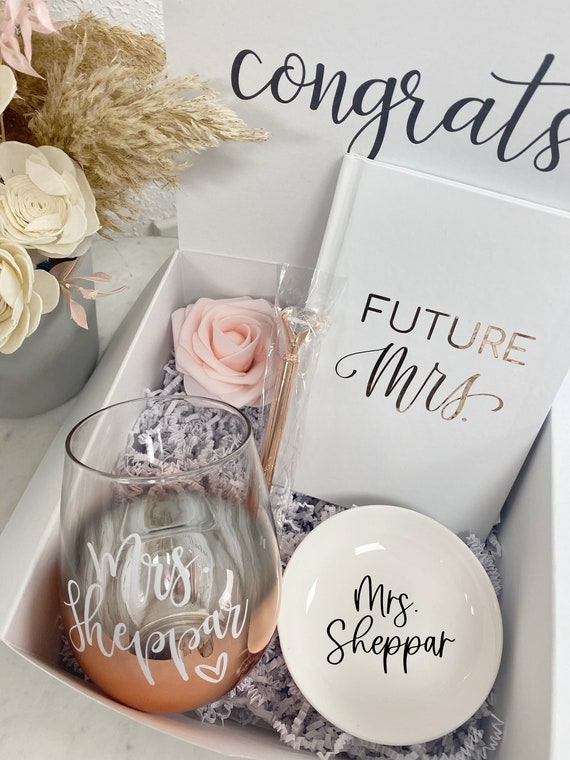 Future Mrs Gift Box Future Bride to Be Gifts Rose Gold Ombre Personalized  Wine Glass for Bridal Shower Gift Box Ring Dish Wedding Notebook 