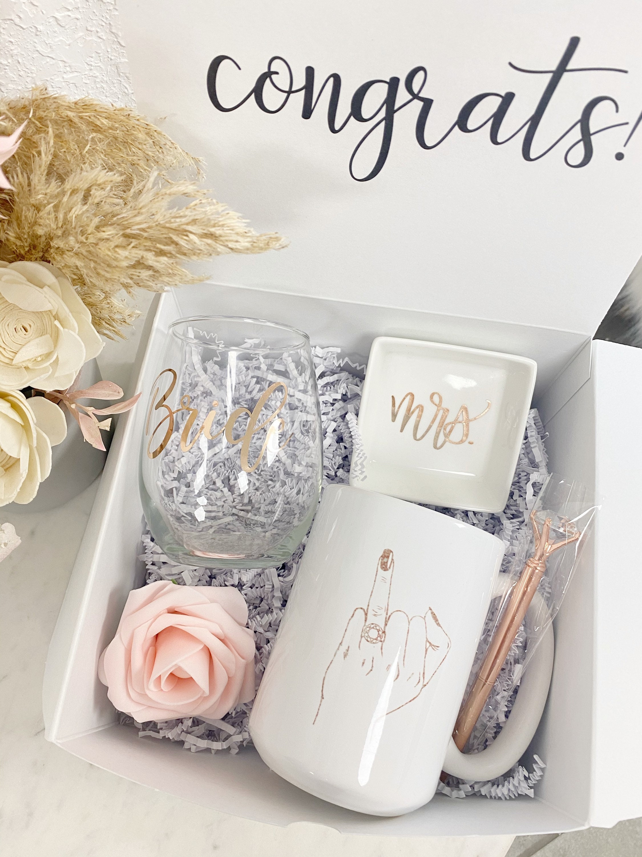 Future Mrs Gift Box Future Bride to Be Gifts Rose Gold Ombre Personalized  Wine Glass for Bridal Shower Gift Box Ring Dish Wedding Notebook 
