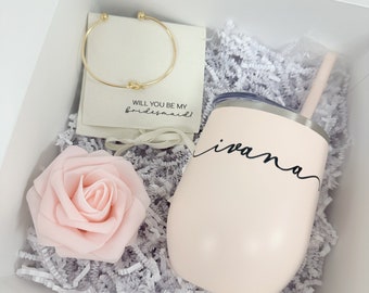 Bridesmaid proposal gift box set- bridesmaid wine tumbler with straw- maid of honor proposal- personalized gold tie tying the knot bracelet