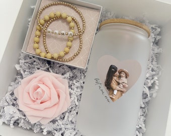 Personalized mom gift box first Mother's Day custom family photo ice coffee cup mama bracelet set gift for new mommy best mom -child face