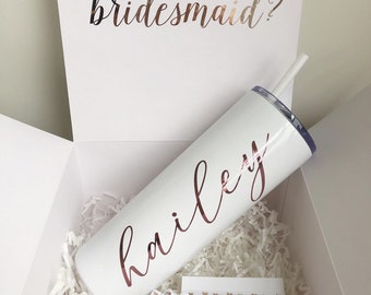 Bridesmaid proposal gift box set- bridesmaid stainless steel tumbler with straw- maid of honor proposal- personalized bridesmaid tumbler gif