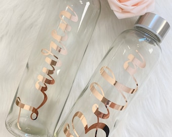 Rose gold glass water bottles- bridesmaid water bottles- personalized water bottles- glass water bottles- bridesmaid proposal box gift idea