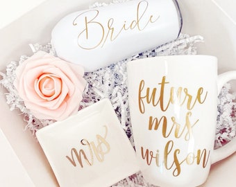 Bride engagement gift box- future mrs mug- bride champagne flute tumbler- mrs ring dish- wifey box bridal shower gift idea engaged af bride