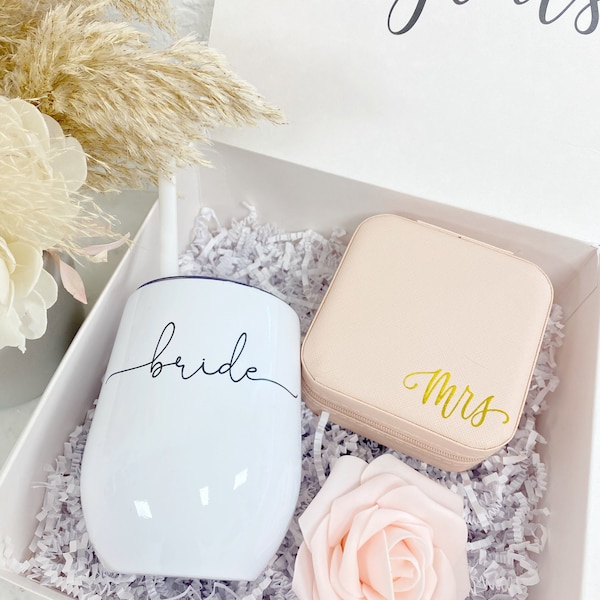 engaged tumbler personalized bride wedding ring finger gift box set - bride engagement gift box idea- future mrs travel jewelry box wifey