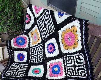 Boho Crocheted Granny Square Throw & Euro Sham Set. 2- Pieces.