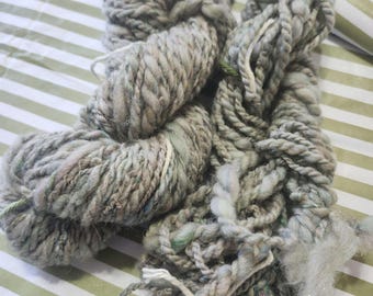 Handspun Art Yarn Lot: Green Fiber, Two Hanks (90g)