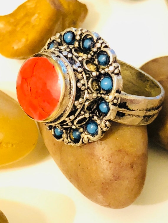 Turquoise stone double ring - Afghan turquoise ri… - image 2