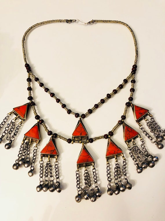 Afghan gypsy necklace, stunning red turquoise sto… - image 1