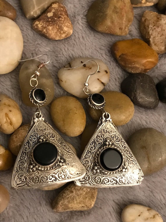 Vintage Silver Onyx Earrings, Afghan Nomad Handma… - image 1