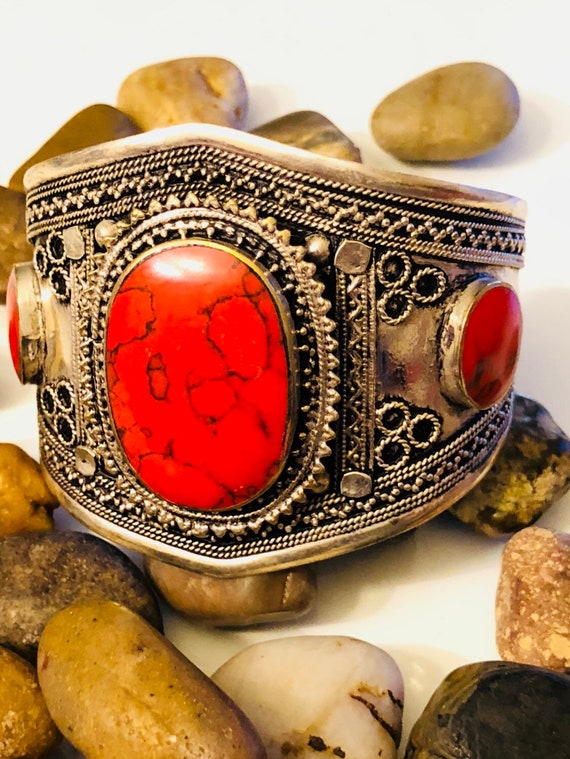 Afghan vintage red Turquoise Stone Bracelet-Jaspe… - image 2