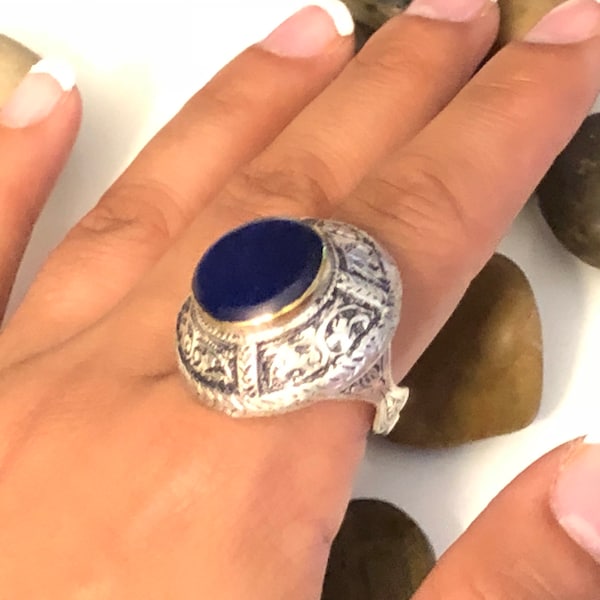 Afghan Kuchi ring- Lapis Lazuli RING Vintage Jewelry - Boho Gypsy ring- Antique Tribal Ring German silver SIZE 9