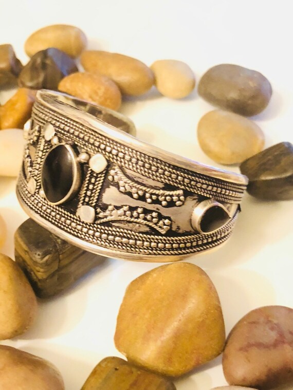 Vintage Onyx Cuff Bracelet, Silver Aqeeq Cuff, Afg
