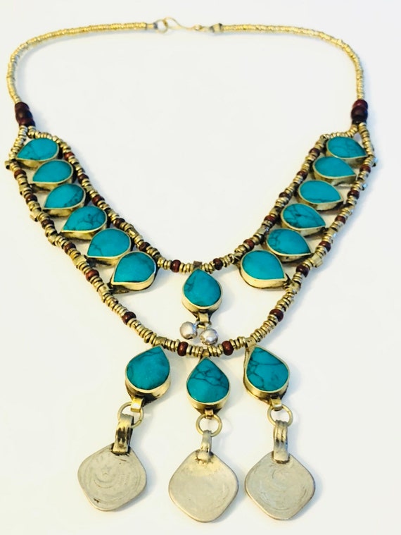 Turquoise Cassidy Bib Necklace- Afghan Tribal Jewe