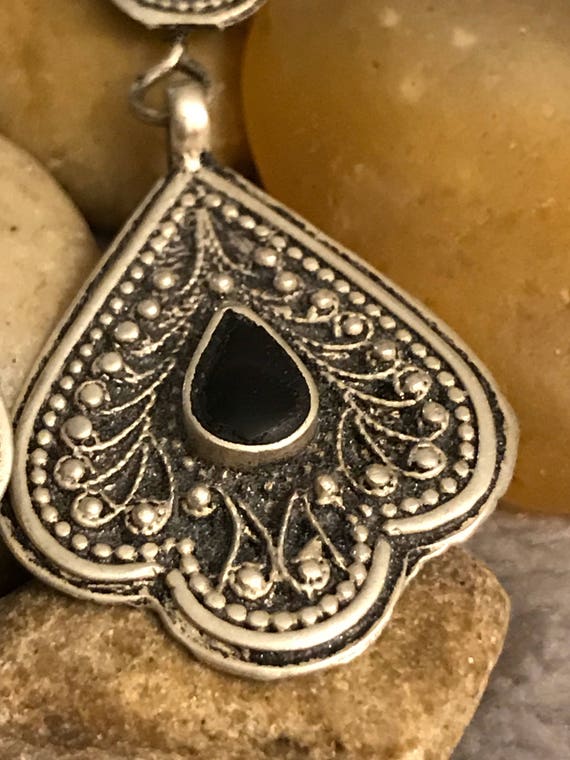 Vintage Silver Onyx Earrings, Afghan Nomad Handma… - image 2