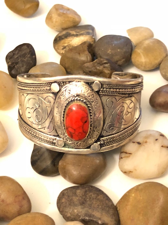 Red Turquoise Cuff, Bangle Bracelet Alpaca Silver 