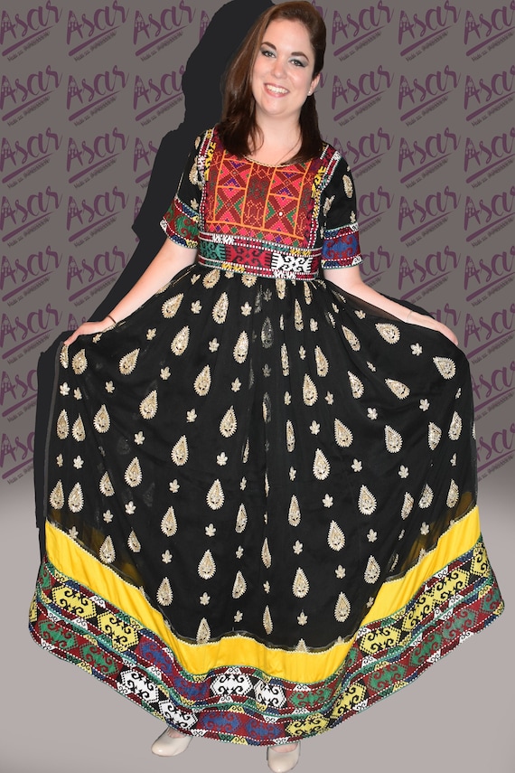Black Gand Afghani Tribal Kuchi Vintage Dress with Beautiful Embroidery