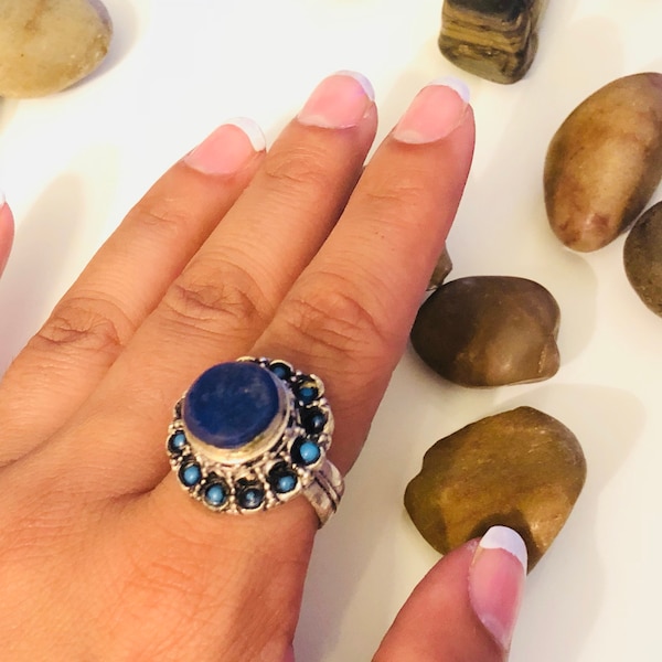 Afghan Kuchi ring- Lapis Lazuli Stone Jewelry- Boho Gypsy ring- Antique Tribal Ring German silver With sky blue and red beads SIZE 8