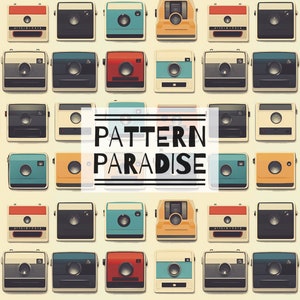 Könnte beinhalten: Ein sich wiederholendes Muster aus Vintage-Kameras in verschiedenen Farben, darunter Orange, Rot, Blau, Grün und Schwarz. Die Kameras sind in einem Rastermuster auf einem hellbeigen Hintergrund angeordnet. Der Text "PATTERN PARADISE" ist mittig im Bild platziert.