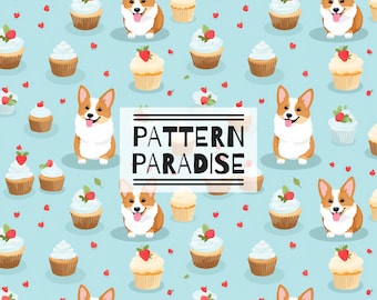 Seamless Pattern Corgi Repeating Fabric Design | Instant Download Printable Cupcakes Cute Dog | Commercial License Fabric Sublimation