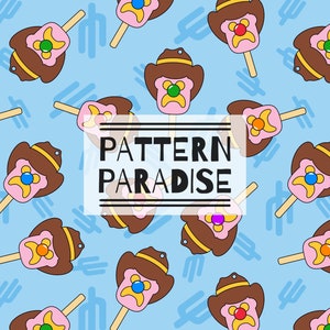May include: A seamless pattern featuring a repeating design of brown cowboy hats with pink and yellow accents on a light blue background. The hats are on sticks and have a flower design on the front. The text "PATTERN PARADISE" is in the center of the image.
