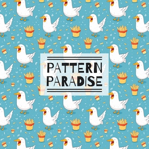 May include: A seamless pattern featuring white cartoon seagulls with open beaks and french fries in red and yellow containers on a light blue background. The text "PATTERN PARADISE" is in a black rectangle in the center of the image.