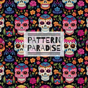 Puede incluir: Un patrón sin costuras con calaveras de azúcar coloridas con detalles florales sobre un fondo negro. El texto "PATTERN PARADISE" está centrado en la imagen.