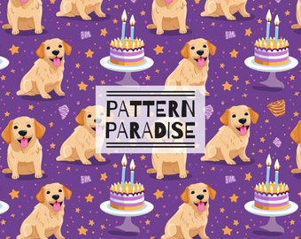Seamless Pattern Golden Retriever Repeating Fabric Design | Instant Download Printable Birthday Cake | Commercial License Fabric Sublimation