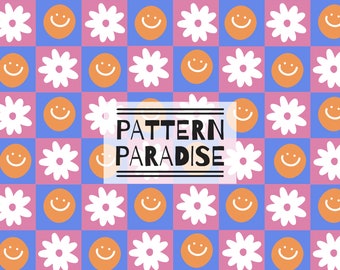 Seamless Pattern Retro Checker Repeating Fabric Design | Instant Download Printable Smiley Face | Commercial License Fabric Sublimation