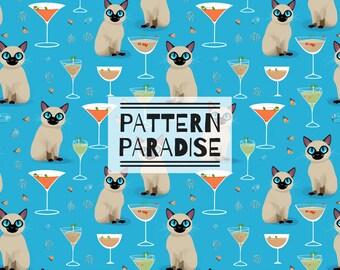 Seamless Pattern Siamese Cat Repeating Fabric Design | Instant Download Printable Martini Glass | Commercial License Fabric Sublimation