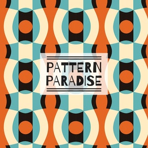 Może przedstawiać: Wzór bez szwów o retro designie z nakładającymi się na siebie kołami w odcieniach pomarańczowego, niebieskiego, czarnego i kremowego. Tekst "PATTERN PARADISE" jest wyśrodkowany na obrazie.