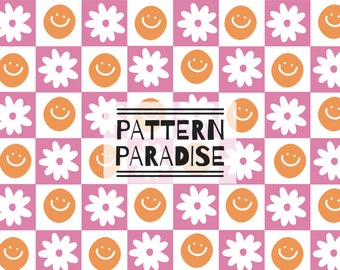 Seamless Pattern Retro Checker Repeating Fabric Design | Instant Download Printable Smiley Face | Commercial License Fabric Sublimation