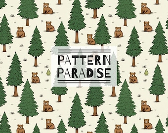 Seamless Pattern Bear in Woods Repeating Fabric Design | Instant Download Printable Forest Camping | Commercial License Fabric Sublimation