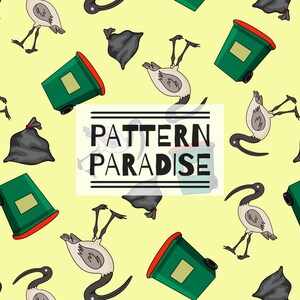 May include: A seamless pattern featuring a repeating design of black garbage bags, green trash cans with red lids, and white ibis birds with black beaks and legs on a yellow background. The text "PATTERN PARADISE" is centered in the middle of the pattern.