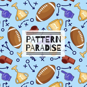 May include: A seamless pattern featuring a variety of football-themed illustrations, including footballs, trophies, whistles, and hand gestures. The pattern is set against a light blue background and includes the text "PATTERN PARADISE".