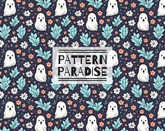 Padrão sem emenda Halloween repetindo design de tecido | Download instantâneo de lindas flores fantasmas para impressão | Sublimação de tecido com licença comercial