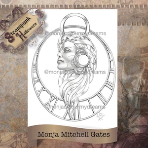 Op de afbeelding: Een zwart-witte lijntekening van een vrouwengezicht in een wijzerplaat. Het gezicht van de vrouw is gestileerd met tandwielen en andere steampunk-elementen. De wijzerplaat heeft Romeinse cijfers en een sleutelgat bovenaan. De handtekening van de kunstenaar staat rechtsonder.